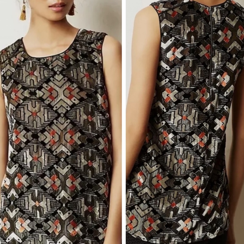 Anthropologie • Meadow Rue Art Deco Geometric Velvet Metallic Sleeveless Blouse